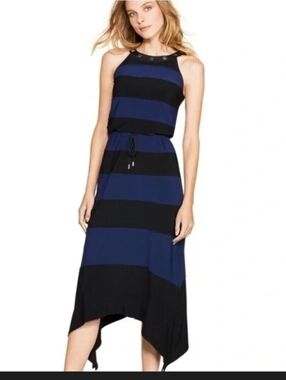 White House Black Market Navy and Black Striped Halter Midi Dress Size Small Pet